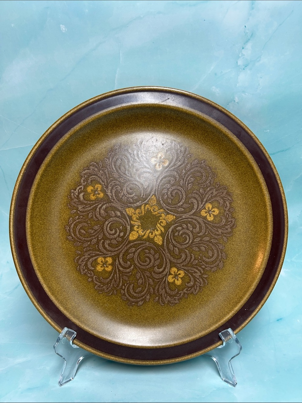 Vintage floral Design Brown Japan Stoneware Heavy Dinner Plate 11"